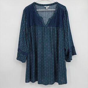 Croft Barrow Top Women 3X Blue Embroidered Rayon V Neck Prairie Cottage Country